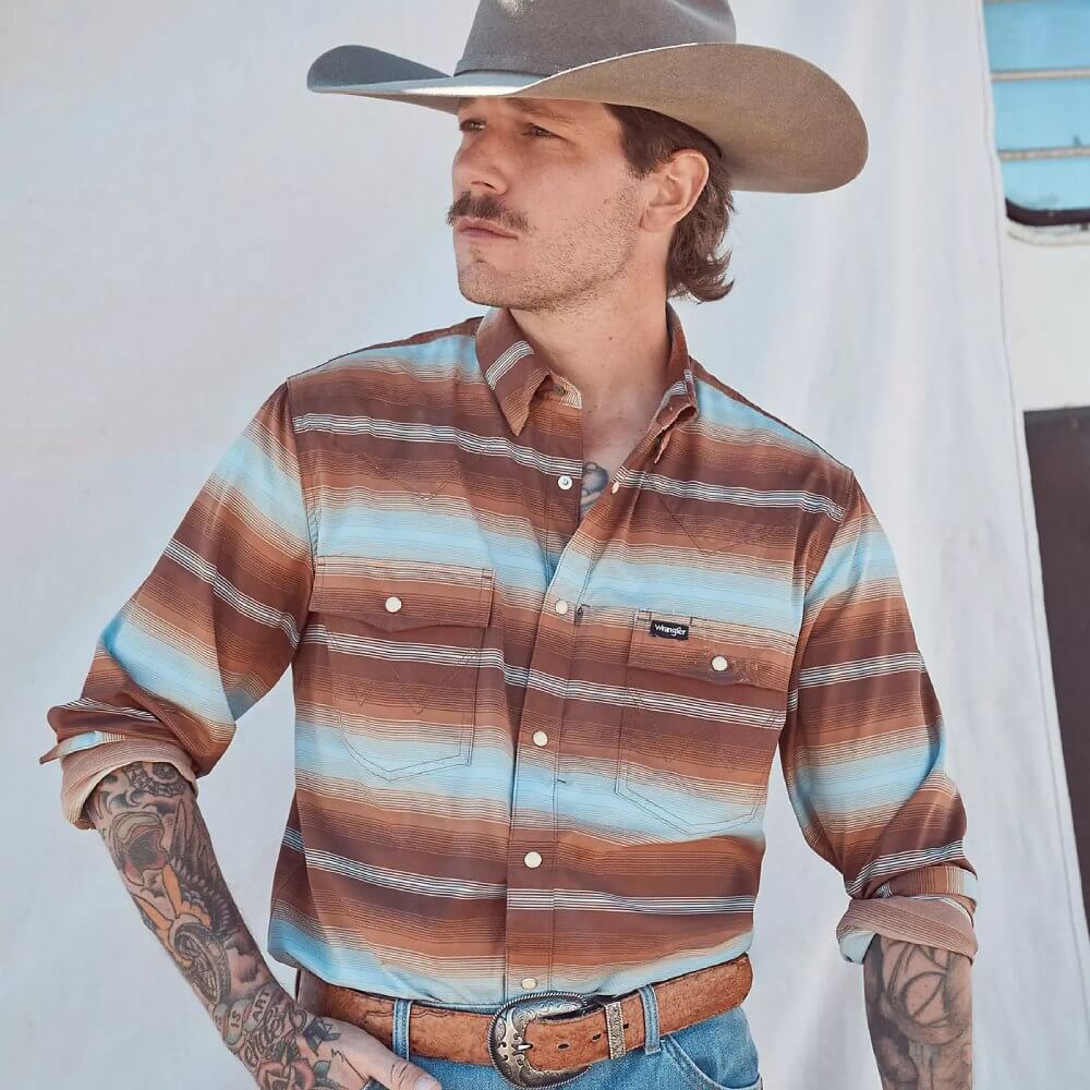 Wrangler Mens All Terrain Gear Technical Snap Shirt Sepia Stripe - 112383038