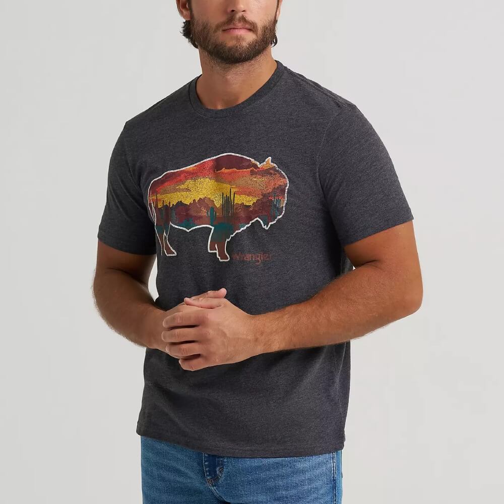 Wrangler Mens Buffalo Scene Graphic T-Shirt Black Beauty Heather - 112372865
