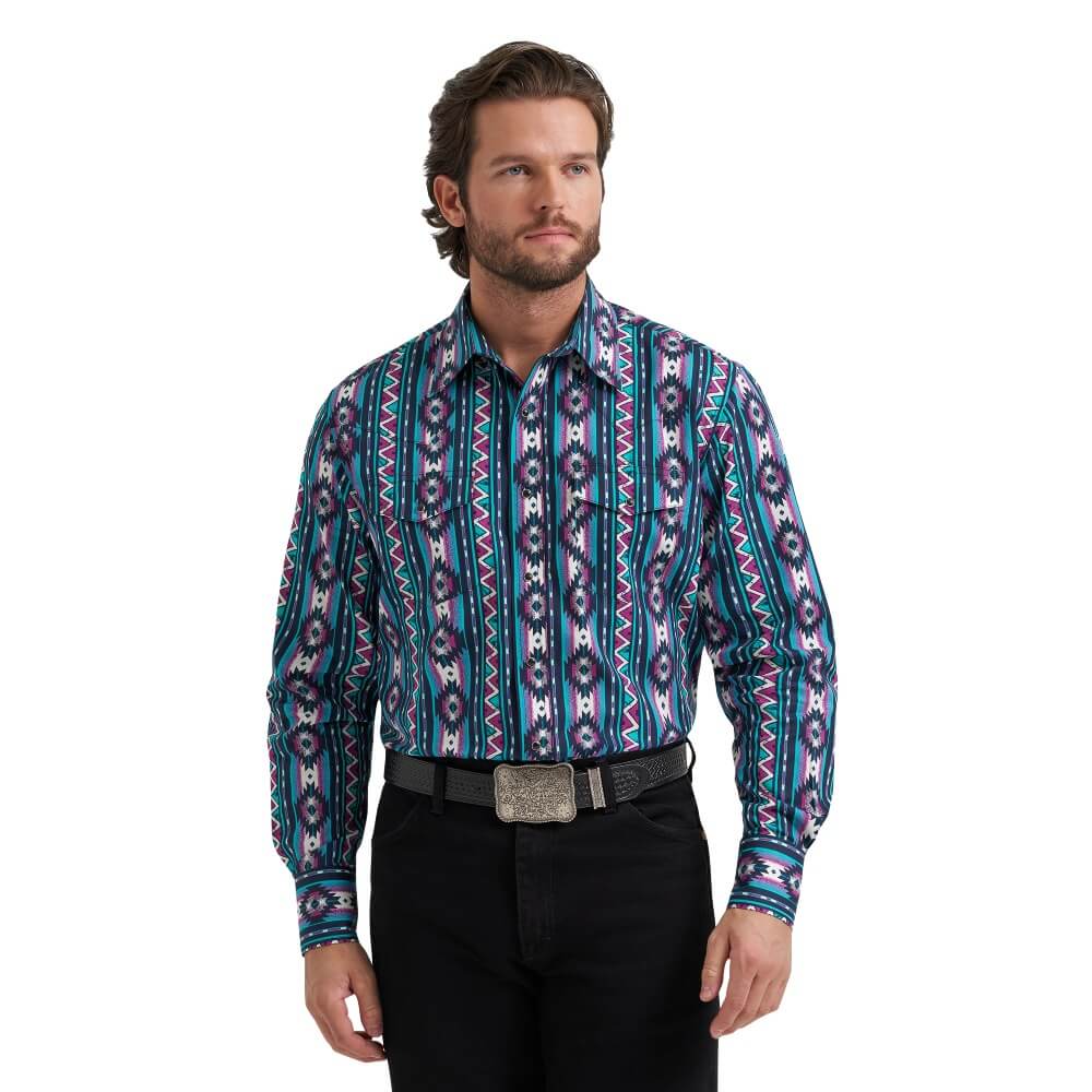 Wrangler Mens Checotah Dress Western Shirt Turquoise - 112381992