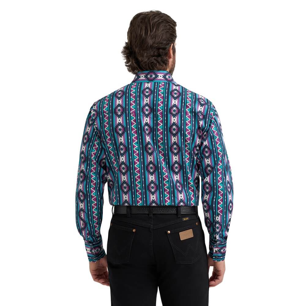 Wrangler Mens Checotah Long Sleeve Print Shirt Cosmic Blue Size L