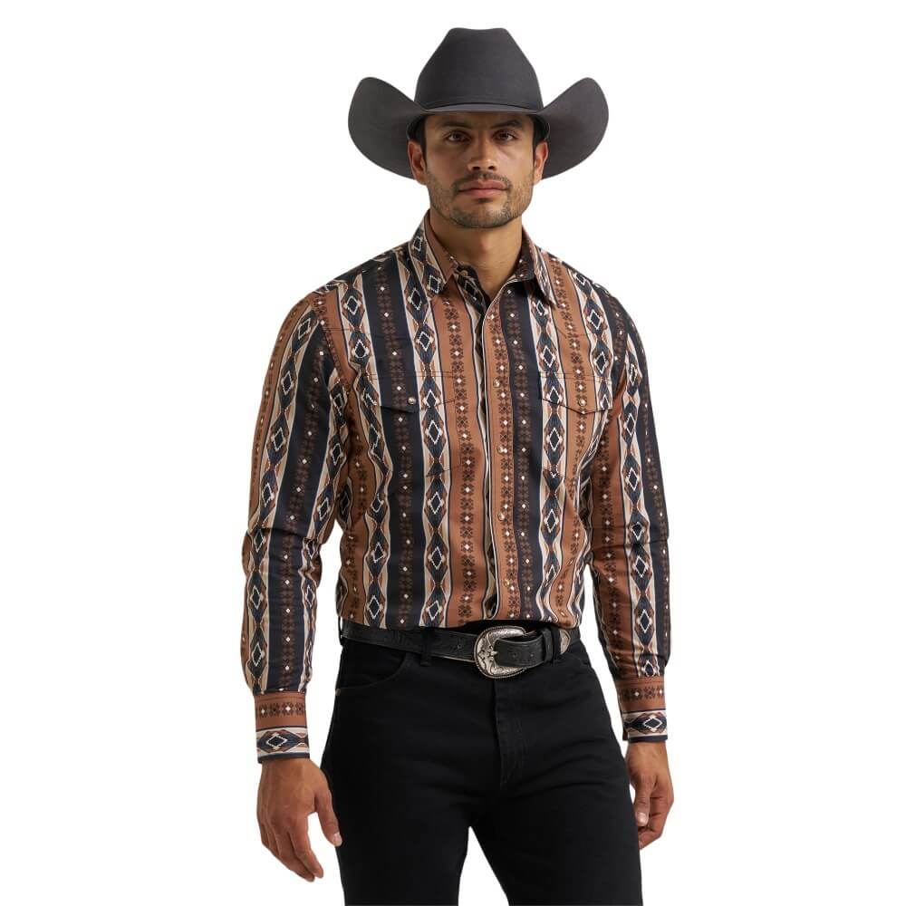 Wrangler Mens Checotah Dress Western Snap Shirt Brown - 112381991