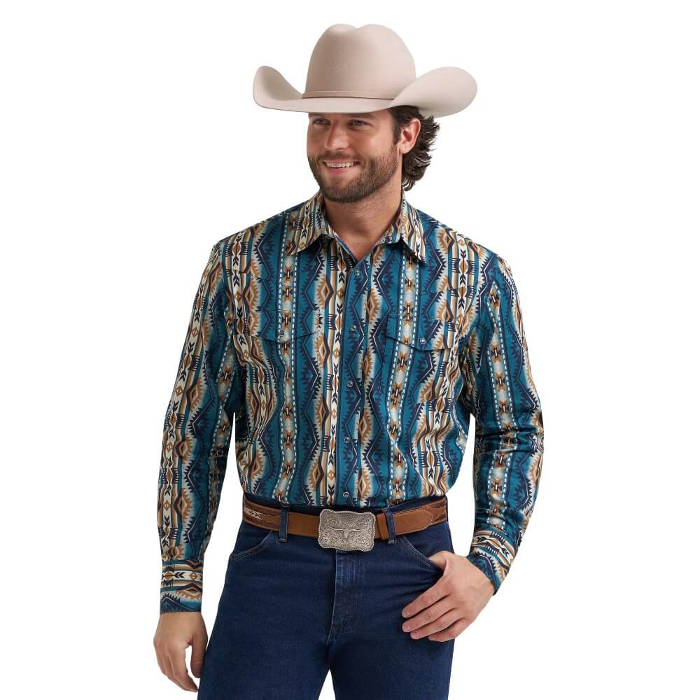 Wrangler Mens Checotah Western Long Sleeve Snap Shirt Teal/Brown - 112384297