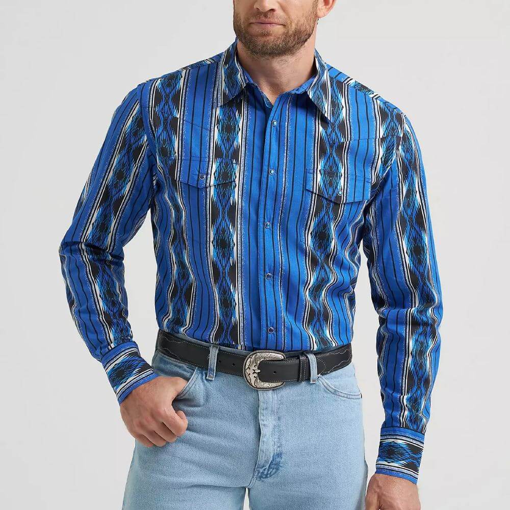 Wrangler Mens Checotah Western Printed Shirt Bold Blue - 112369484