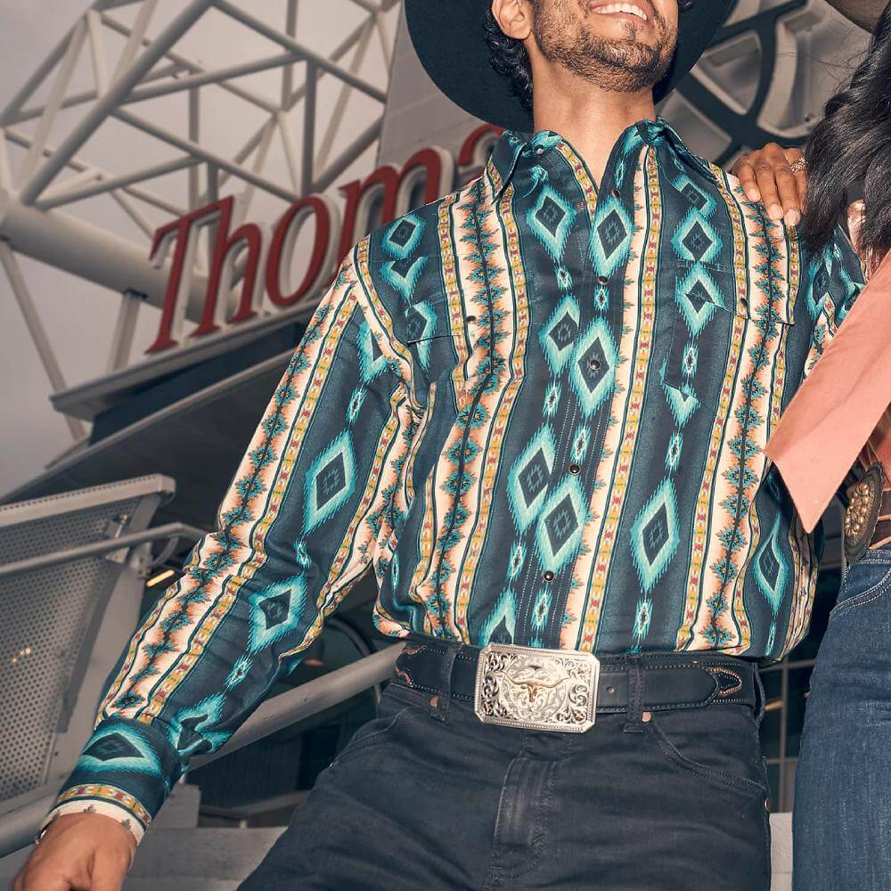 Wrangler Mens Checotah® Western Printed Shirt Turquoise Belt - 112369467
