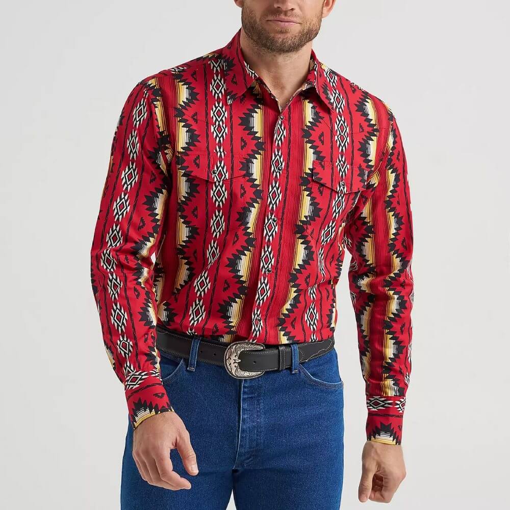 Wrangler Mens Checotah Western Snap Printed Shirt Firey Red - 112369430