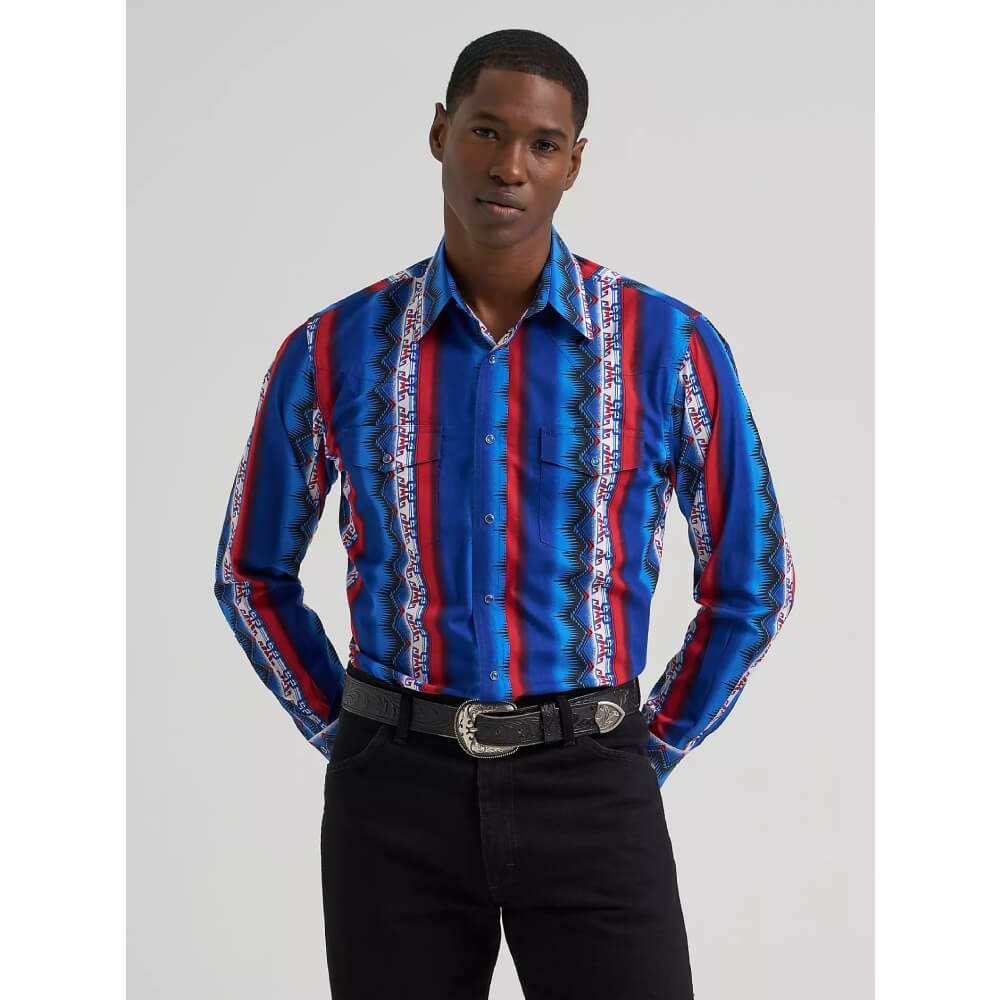 Wrangler Mens Checotah Western Snap Printed Shirt Old Glory (Blue) - 112384295