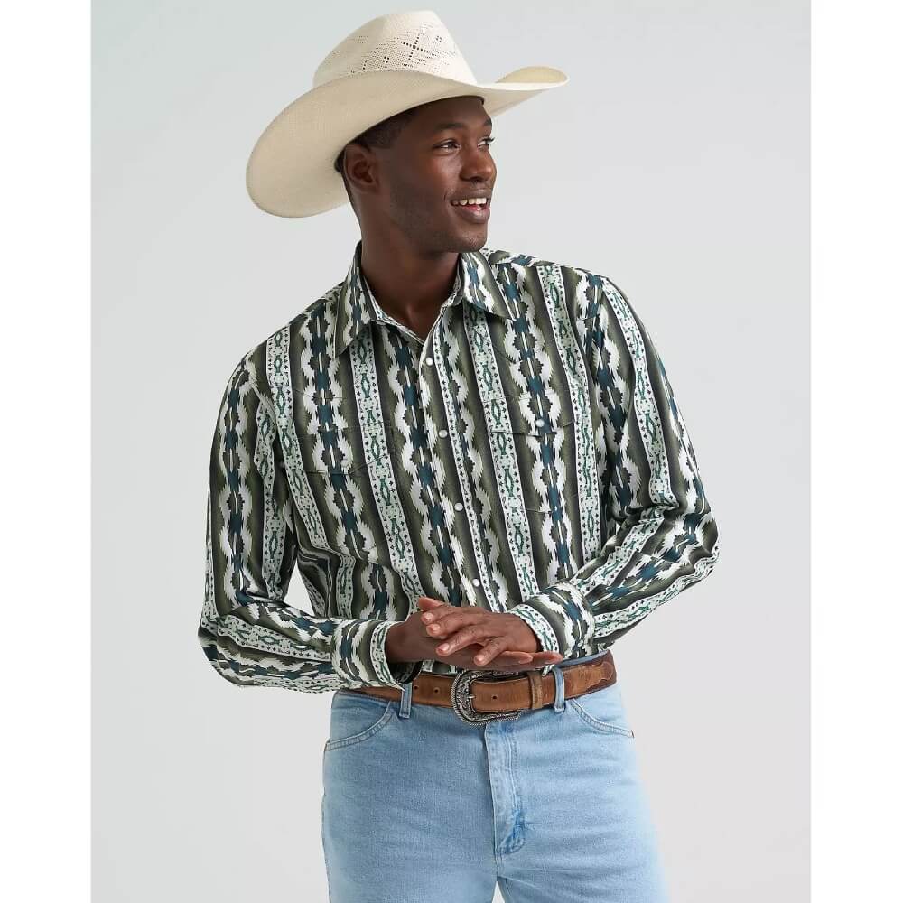 Wrangler Mens Checotah® Western Snap Printed Shirt Olivine - 112379228