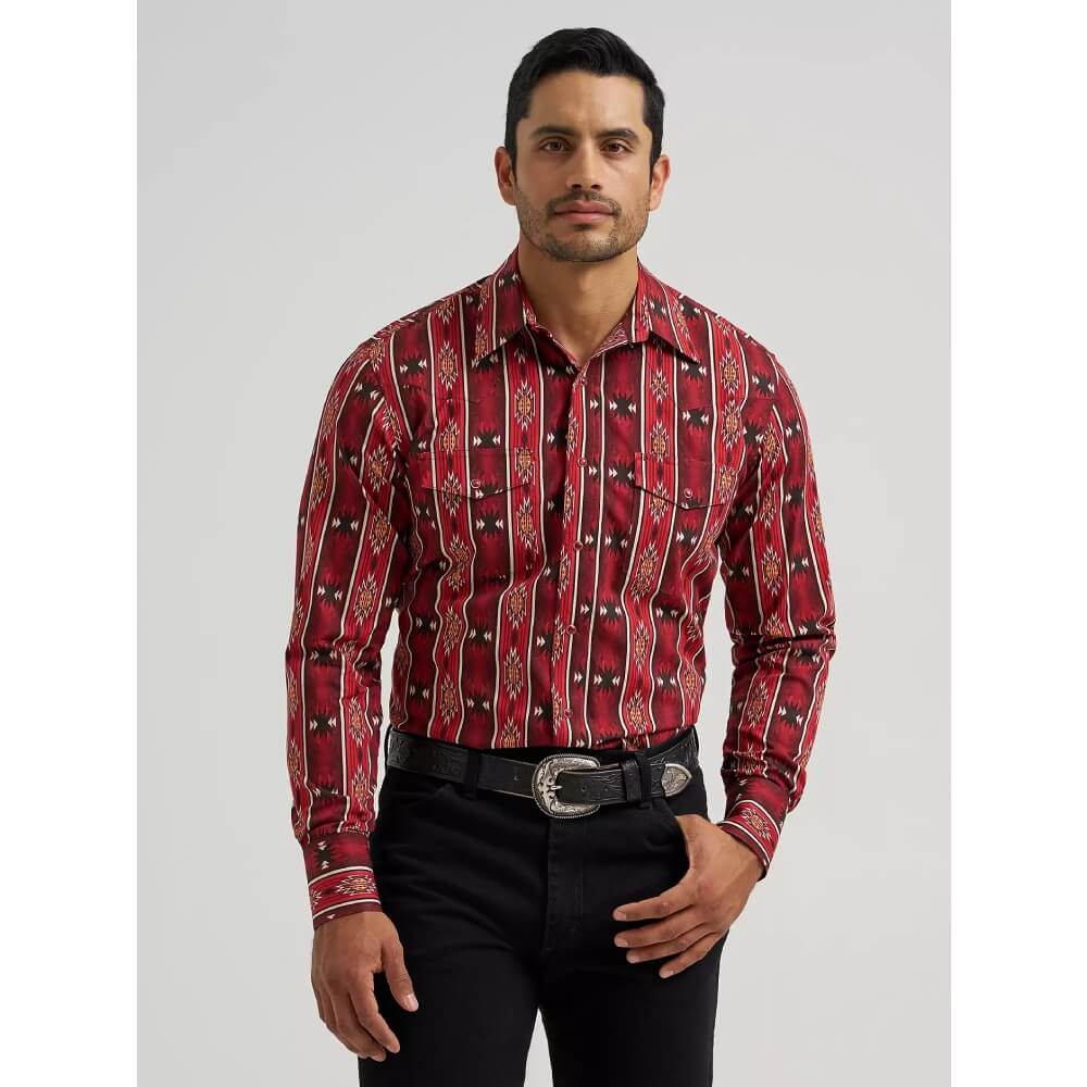 Wrangler Mens Checotah Western Snap Printed Shirt Oxide Red - 112384296