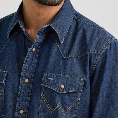 Wrangler Mens Classic Denim Western Shirt Dark Wash Denim - 112361700