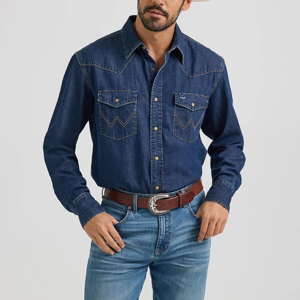wrangler dress shirts Wrangler Men's Medium Wash Denim Long Sleeve Snap Western Shirt