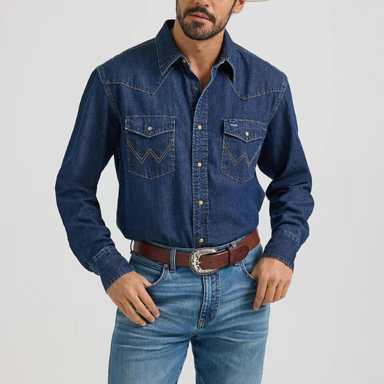 Wrangler Men's Medium Wash Denim Long Sleeve Snap Western Shirt Wrangler Men's Medium Wash Denim Long Sleeve Snap Western Shirt