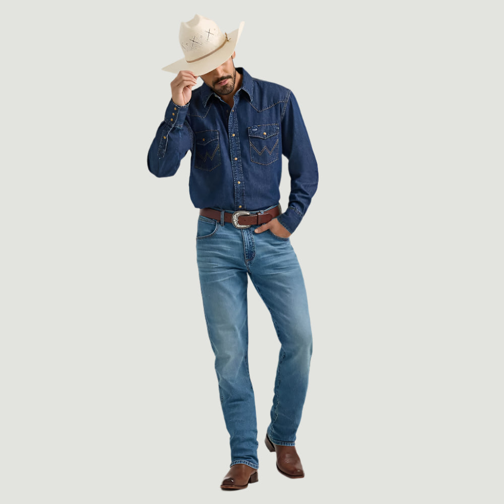 Wrangler Mens Classic Denim Western Shirt Dark Wash Denim - 112361700