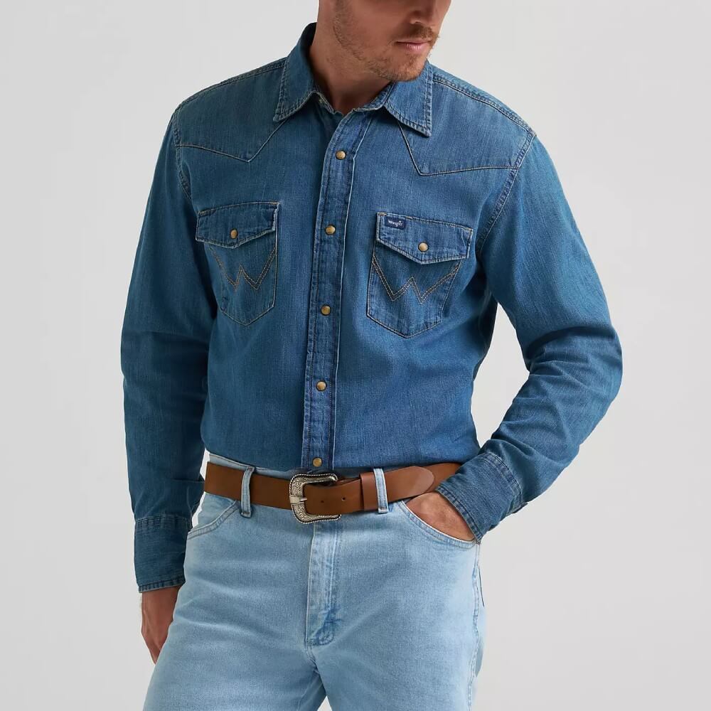 Wrangler Mens Classic Denim Western Snap Shirt Mid Wash Denim - 112361701