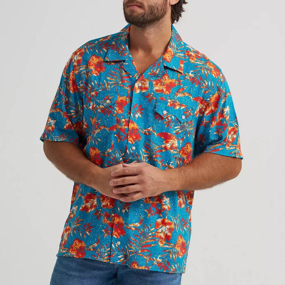 Wrangler Mens Coconut Cowboy Camp Shirt Blue Tropics - 112374839