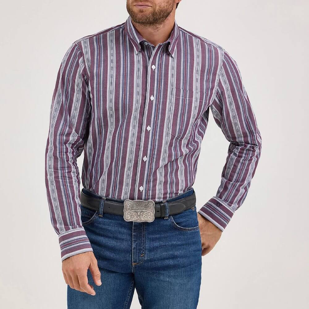 Wrangler Mens Cody Johnson One Pocket Shirt Mauve Stripes - 112369557
