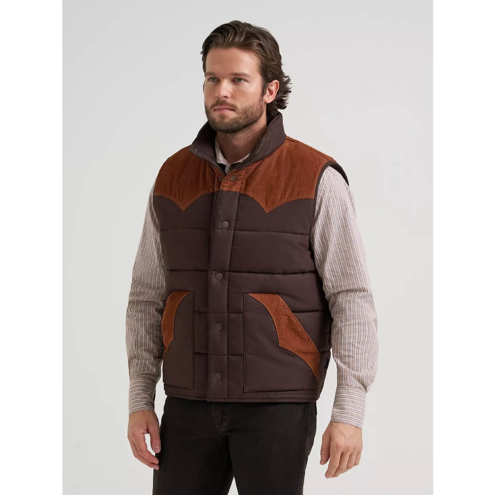 Wrangler Mens Corduroy Yoke Puffer Vest Cambridge Brown - 112381922