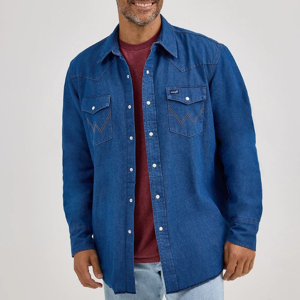 Wrangler Mens Flannel Lined Solid Work Shirt Blue Denim - 112367727