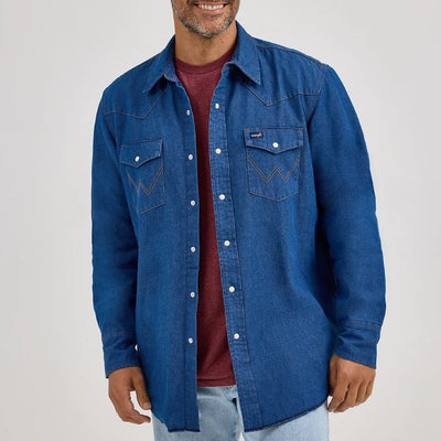 Wrangler Mens Flannel Lined Solid Work Shirt Blue Denim - 112367727