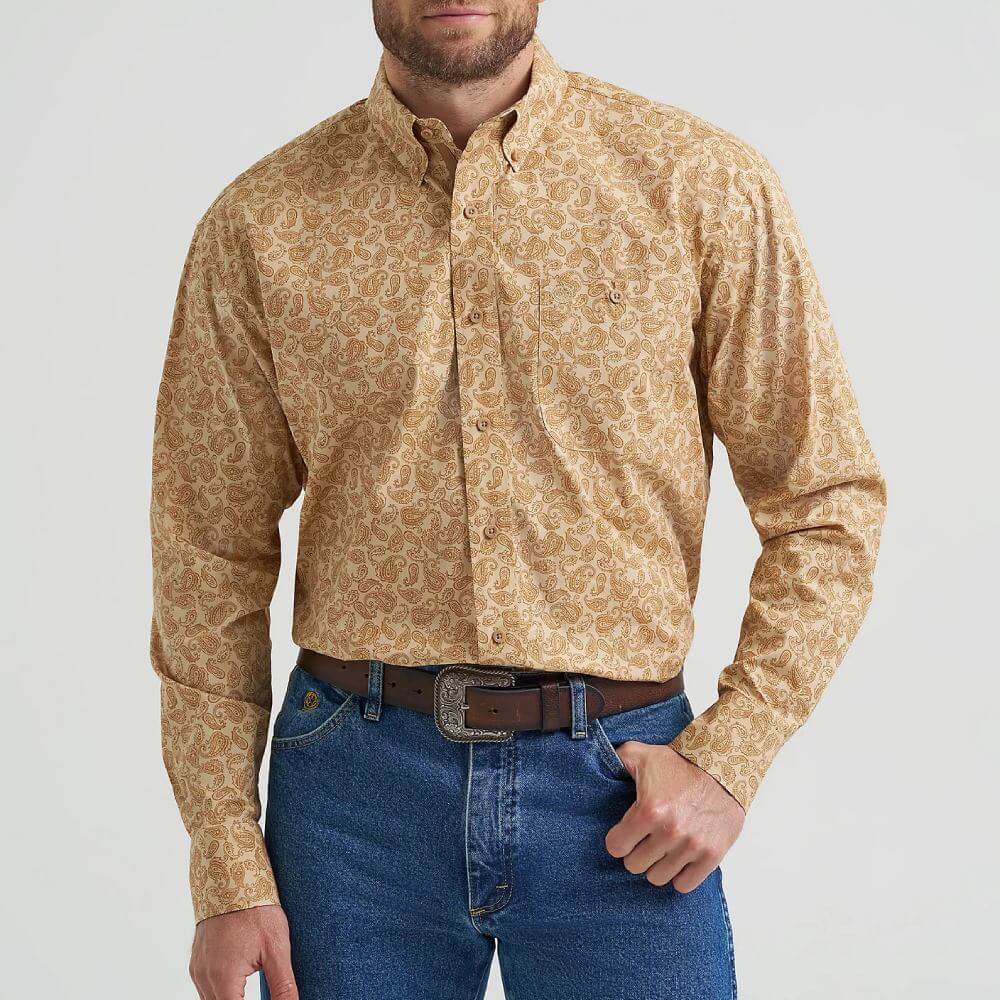 Wrangler Mens George Strait One Pocket Shirt Honey Oak Paisley (Brown) - 112369585