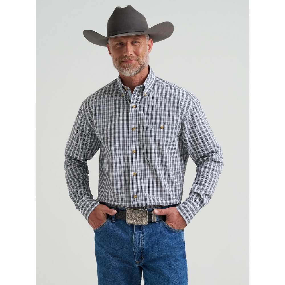 Wrangler Mens George Strait Shirt Blue Black Plaid - 112381961