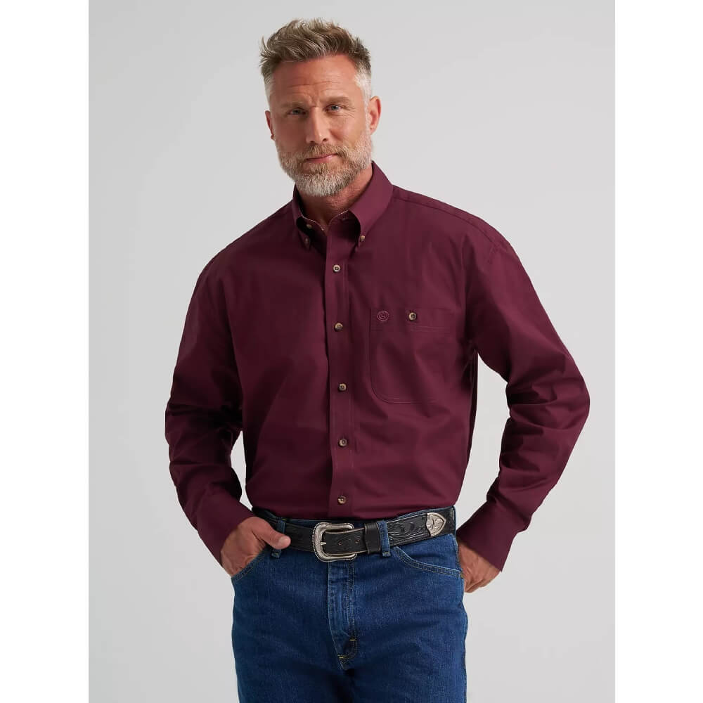 Wrangler Mens George Strait Solid One Pocket Button Down Shirt Burgunde - 112385371