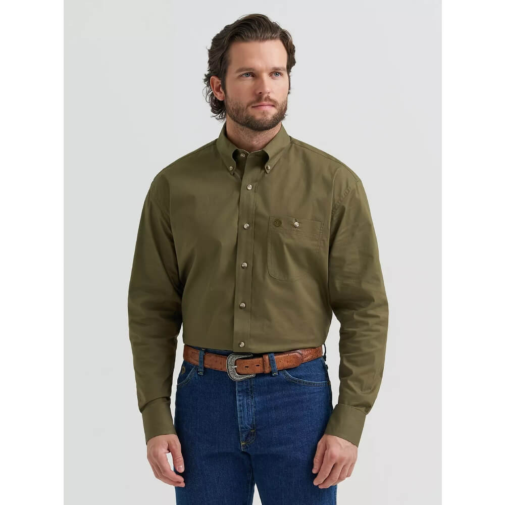 Wrangler Mens George Strait Solid One Pocket Shirt Lichen - 112381943