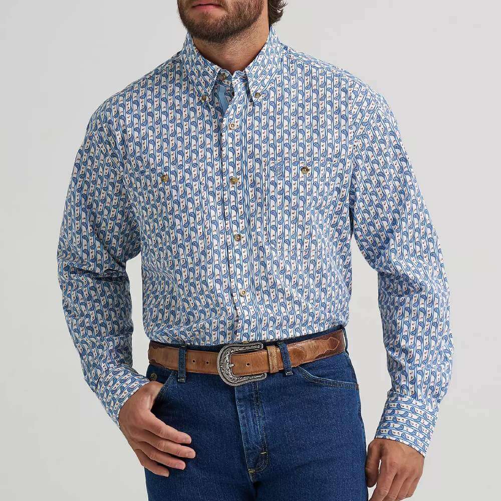 Wrangler Mens George Strait Two Pocket Shirt Baby Blue Paisley - 112374583