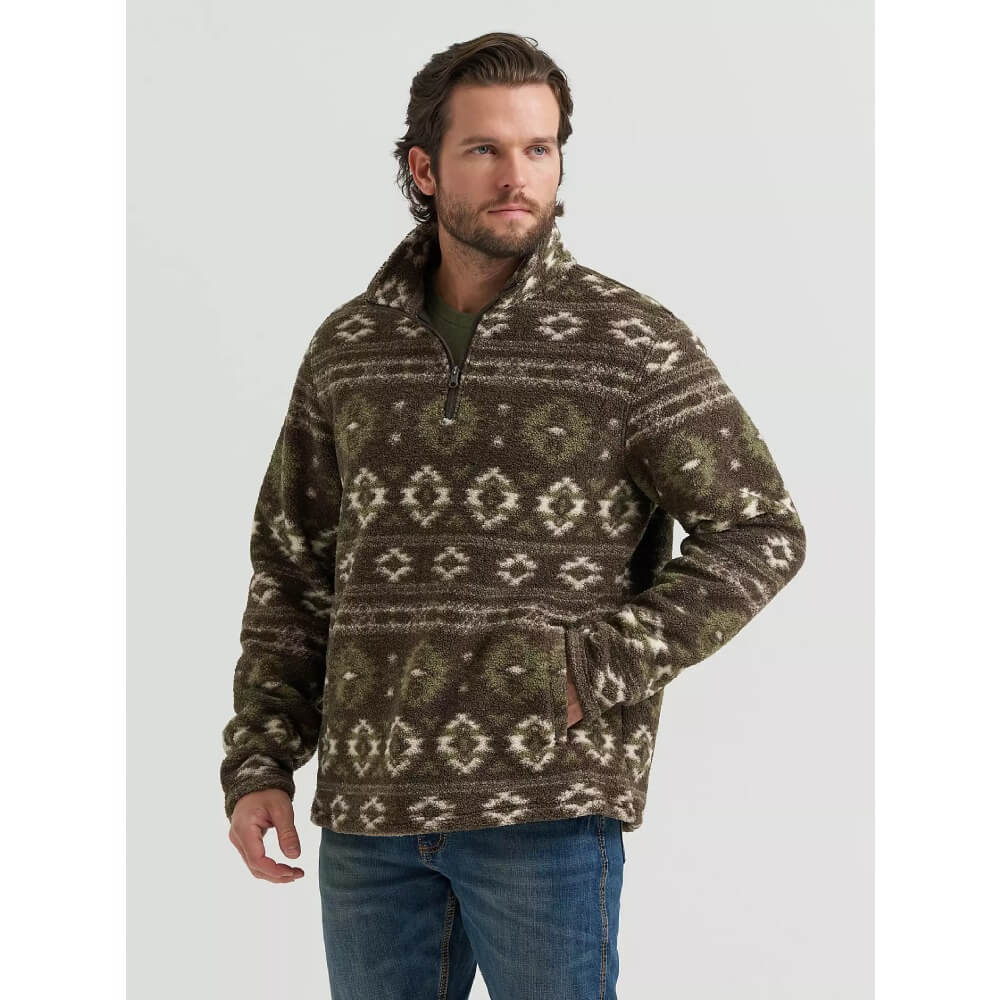 Wrangler Mens Hay Away Sherpa Quarter-Zip Pullover Black Olive - 112382936