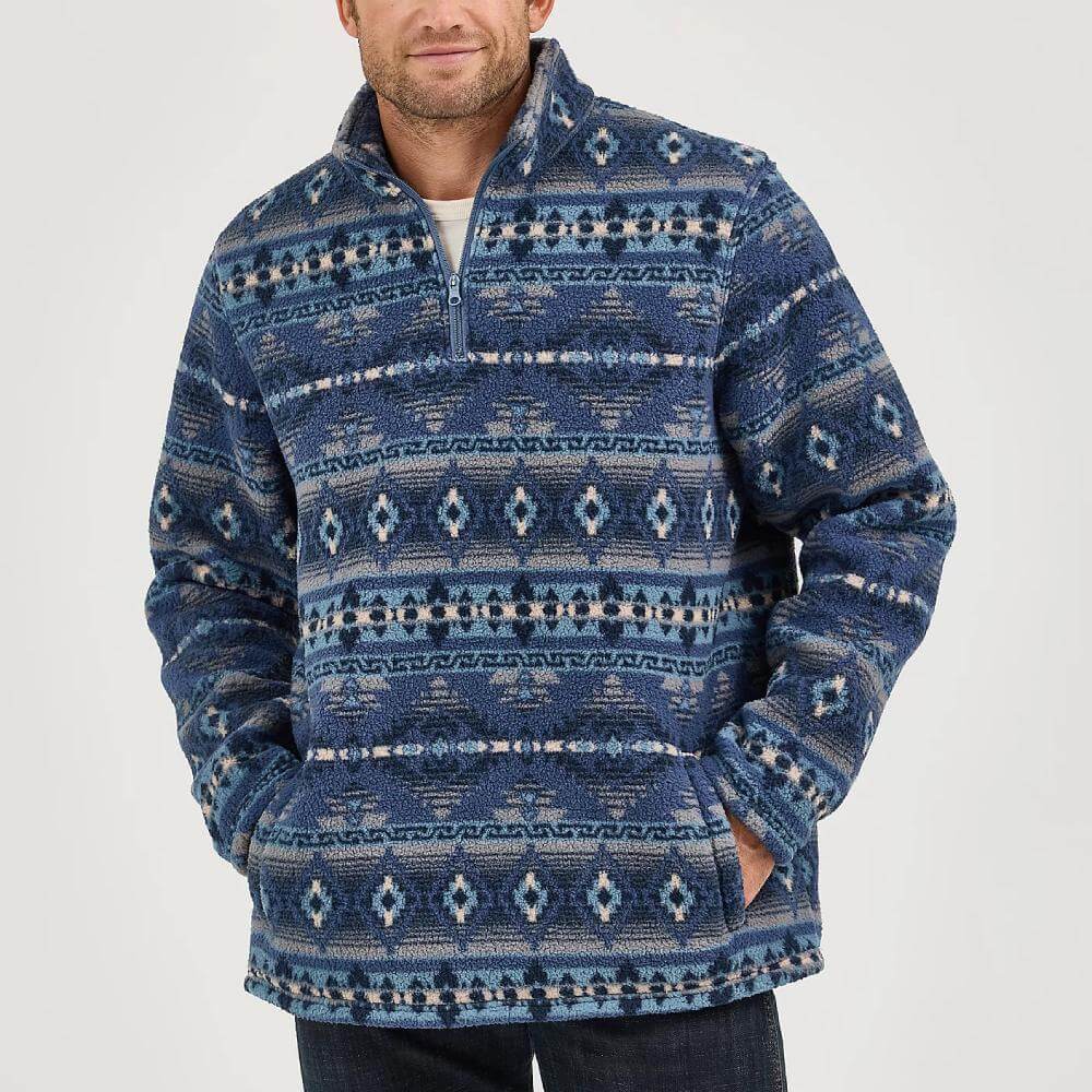 Wrangler Mens Heavyweight Quarter-Zip Pullover Vintage Indigo - 112368189