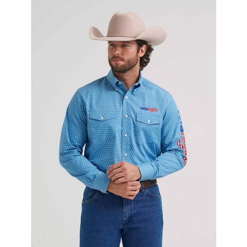 Wrangler Mens Logo Button-Down Shirt Americana-Blue - 112381985