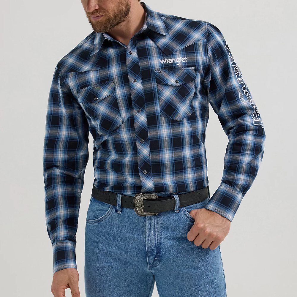 Wrangler Mens Logo Long Sleeve Plaid Shirt