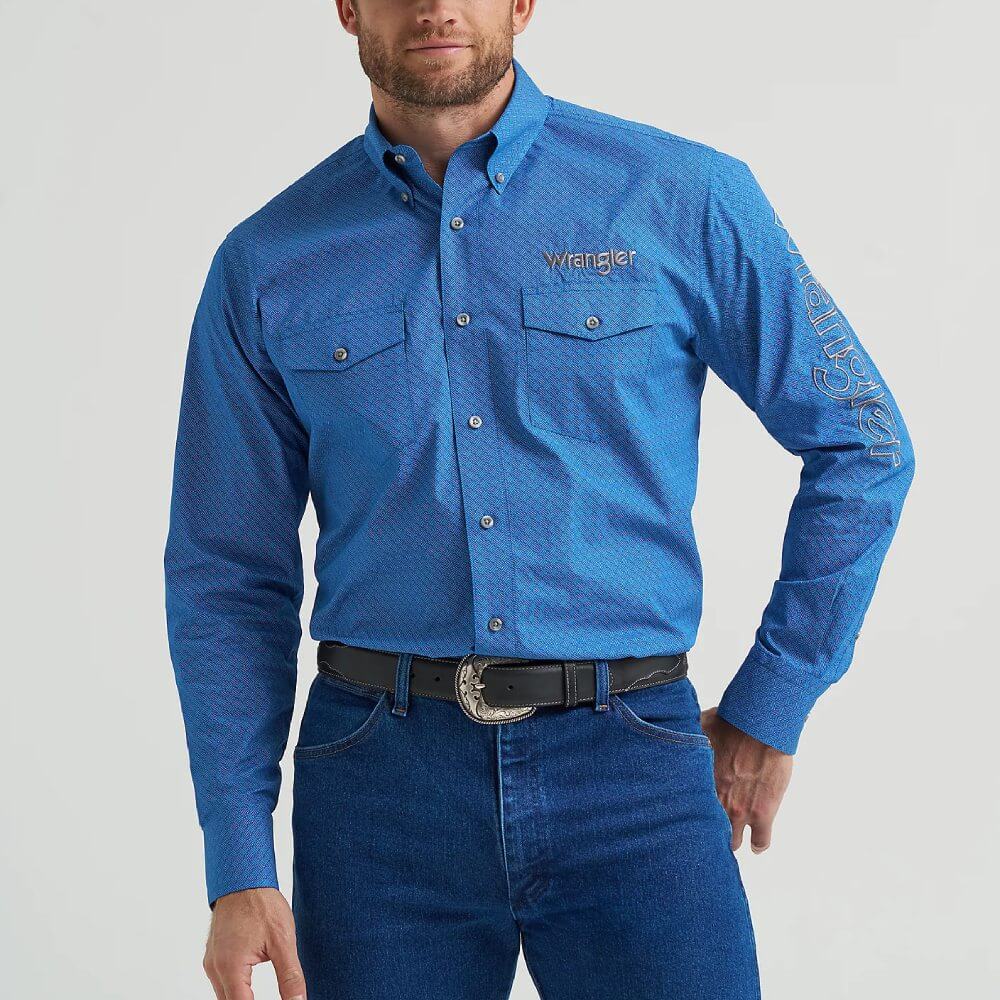 Wrangler Mens Logo Western Shirt Cerulean Hatch - 112369443