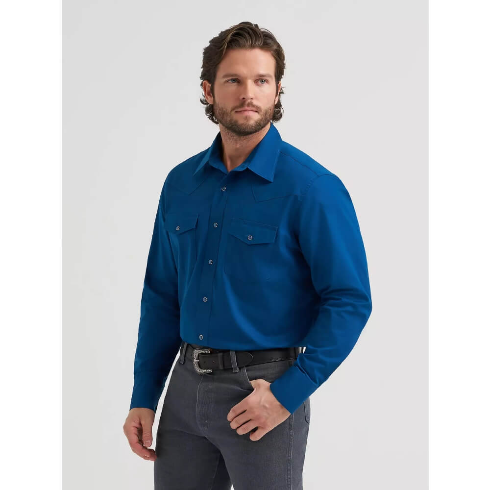 Wrangler Mens Long Sleeve Solid Broadcloth Western Snap Shirt Blue - 112382004