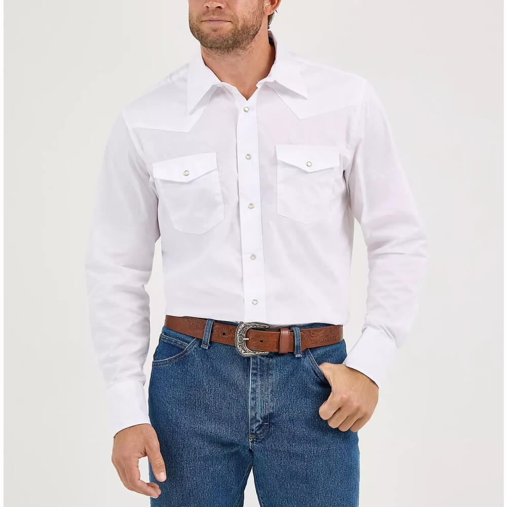 Wrangler Mens Long Sleeve Solid Western Pearl Snap Shirt White - 71105WH