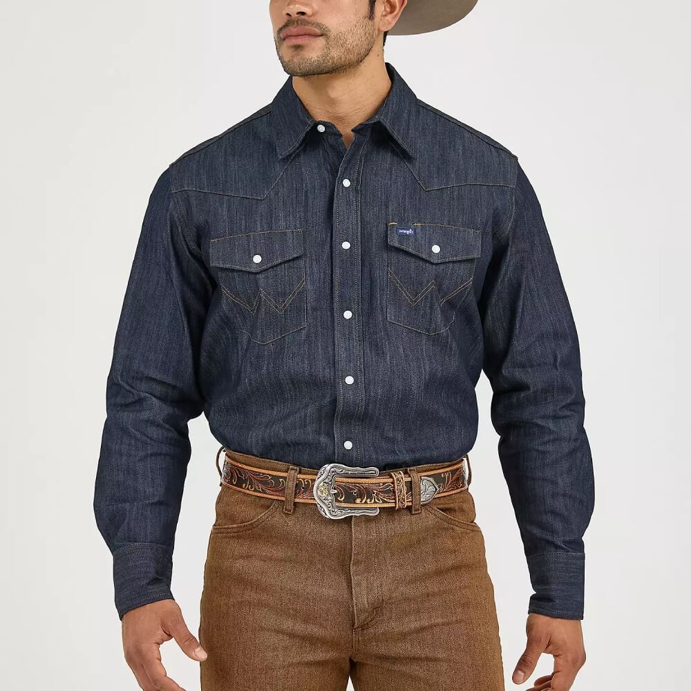 Wrangler Mens Premium Performance Advanced Comfort Cowboy Cut Work Snap Shirt Denim - MACW01D