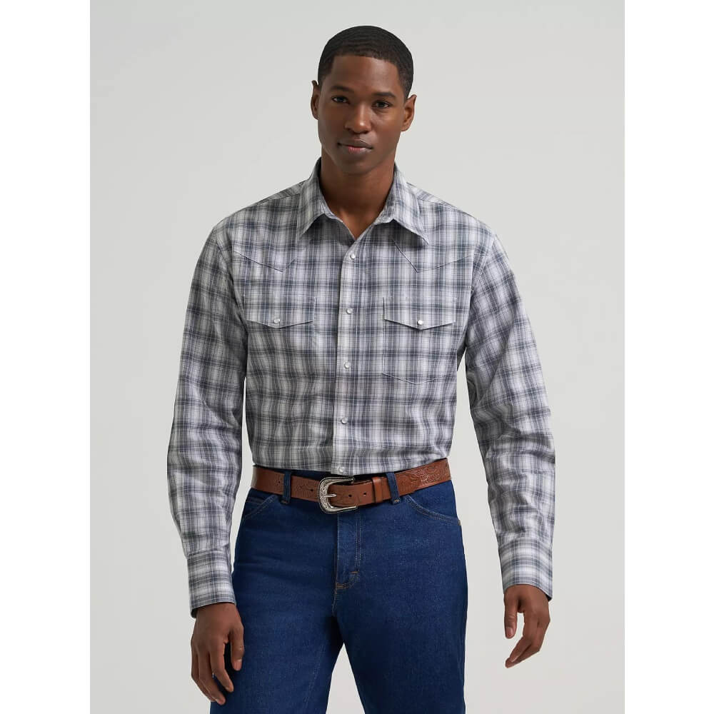 Wrangler Mens Resist Western Snap Plaid Shirt Frontier Stone/Grey - 112385339