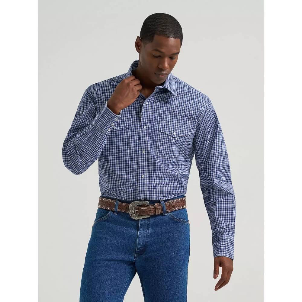 Wrangler Mens Resist Western Snap Plaid Shirt Night Navy - 112385338