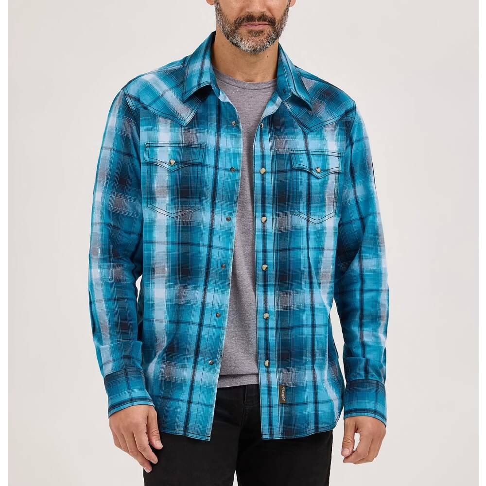 Wrangler Mens Retro Premium Western Plaid Shirt Deep River - 112370175