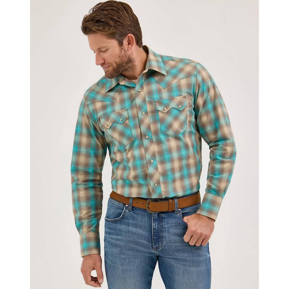 Wrangler Mens Retro® Sawtooth Western Shirt Tan/Aqua - 112369551