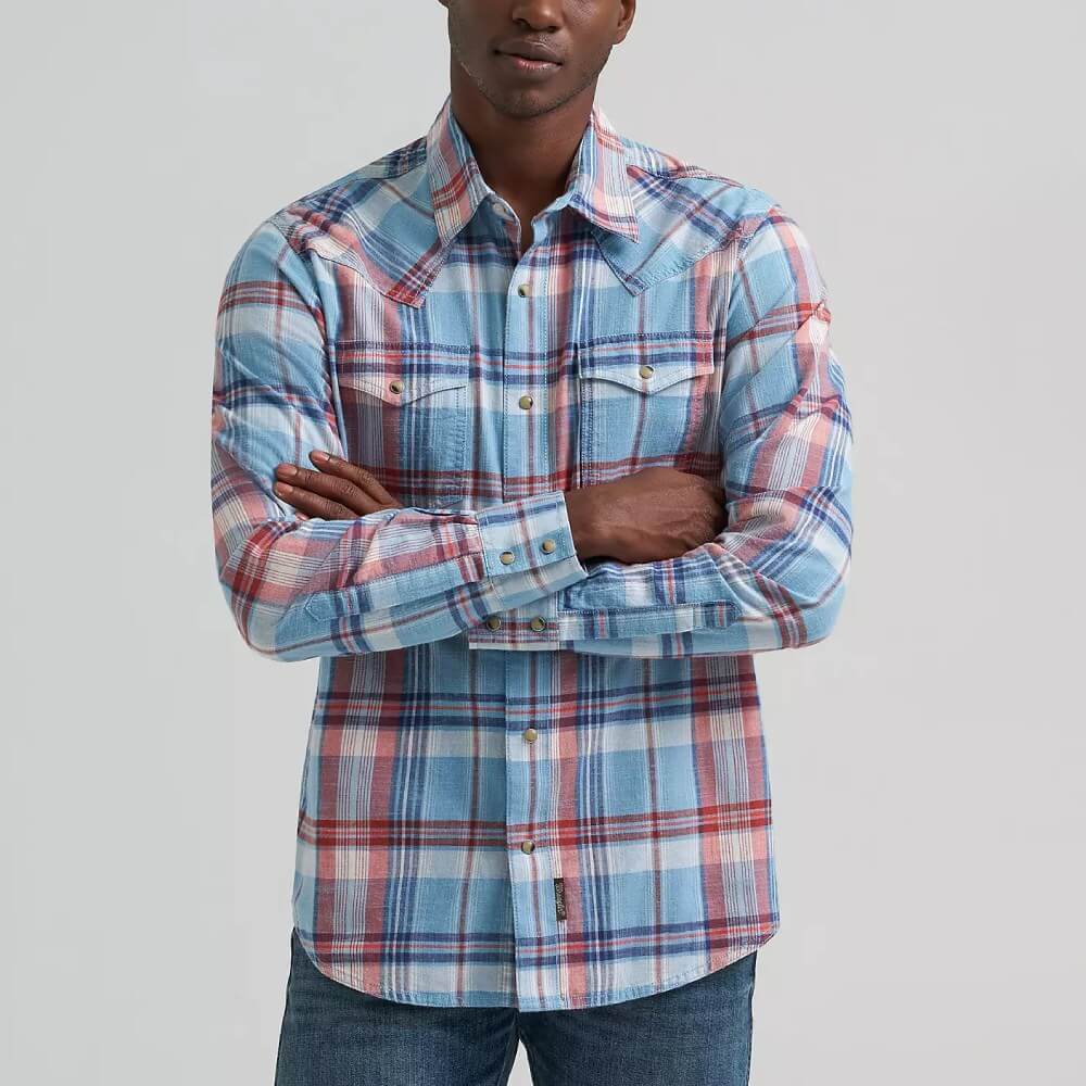 Wrangler Mens Retro Western Plaid Shirt Blue Sunrise - 112374998