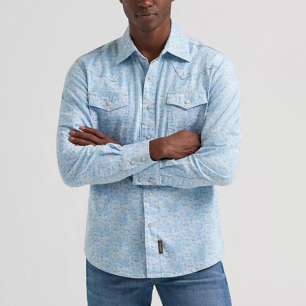 Wrangler Men's Retro Premium Long Sleeve Snap Shirt, Blue Wrangler Men's Retro Premium Long Sleeve Snap Shirt, Blue
