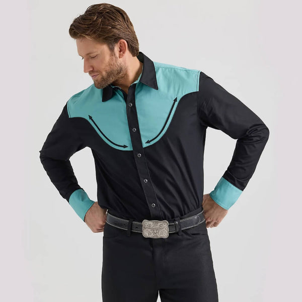 Wrangler Mens Rodeo Ben Western Shirt Blue Black Color