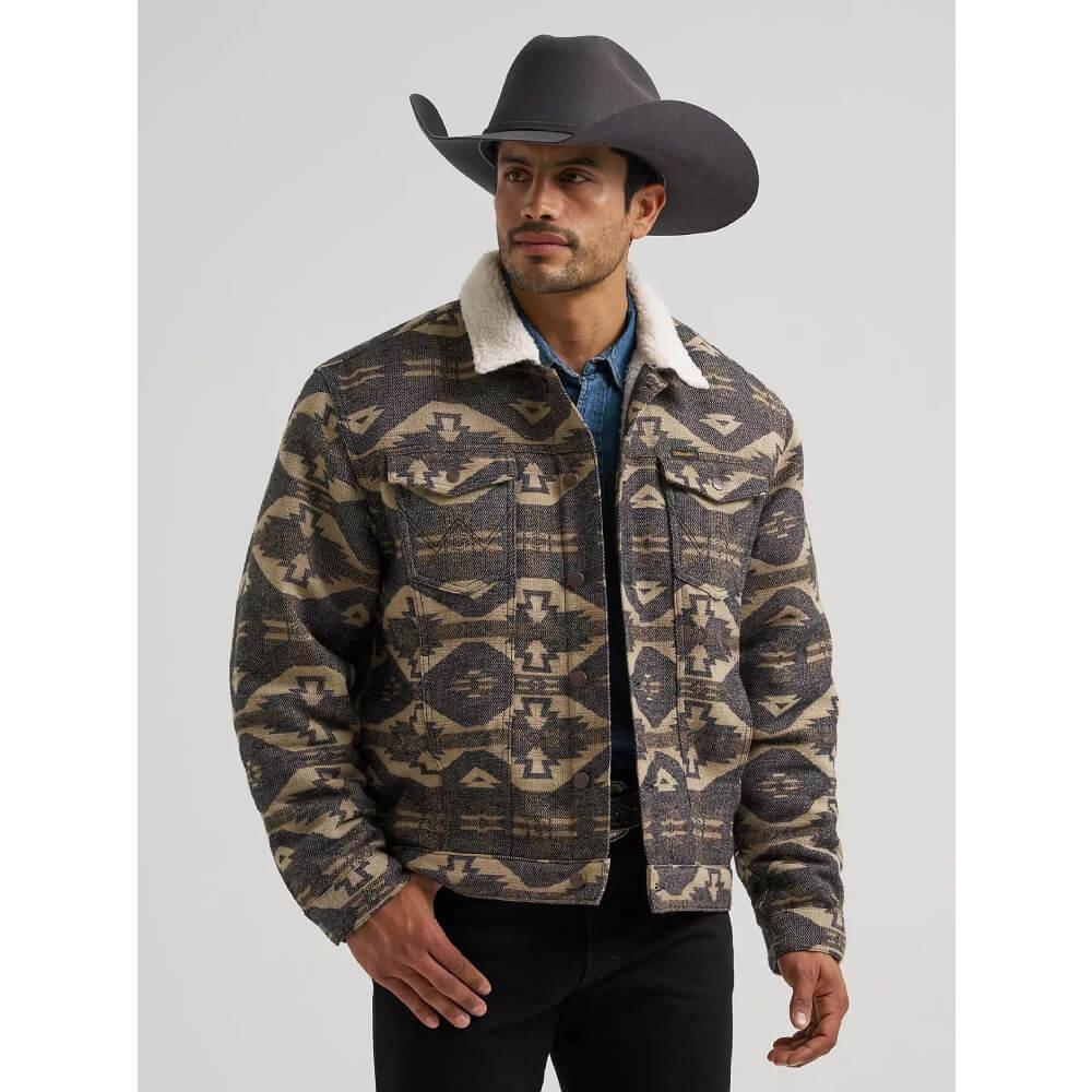 Wrangler Mens Sherpa Lined Jacquard Print Jacket Elmwood/Grey - 112381945