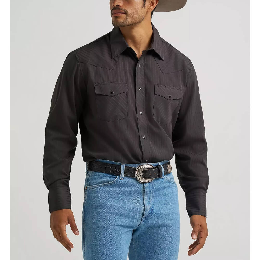 Wrangler Mens Sport Western Dobby Stripe Snap Shirt Black - 75214BK