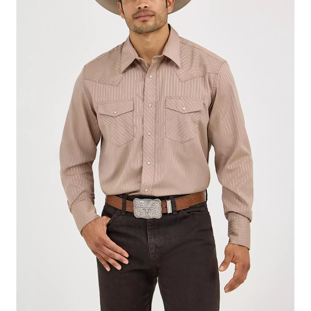 Wrangler Mens Sport Western Dobby Stripe Pearl Snap Shirt Tan - 75742TN
