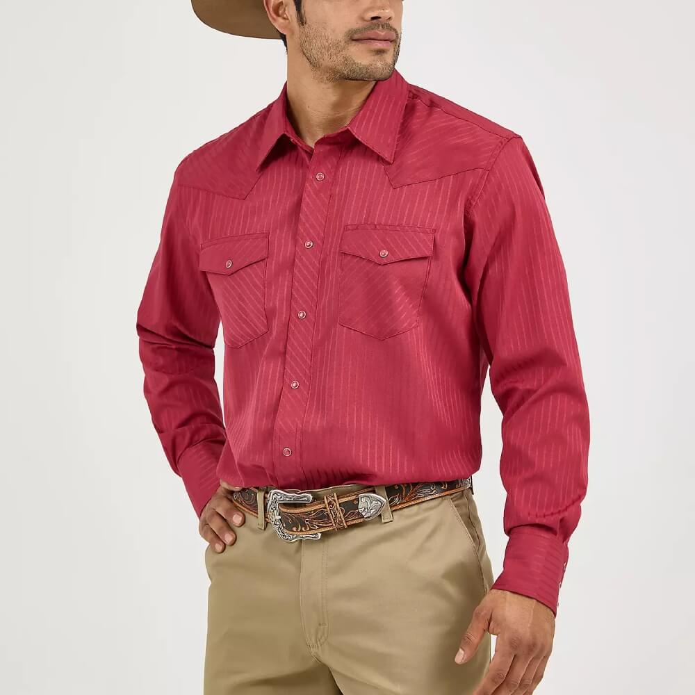 Wrangler Mens Sport Western Dobby Stripe Snap Shirt Wine - 75740WN