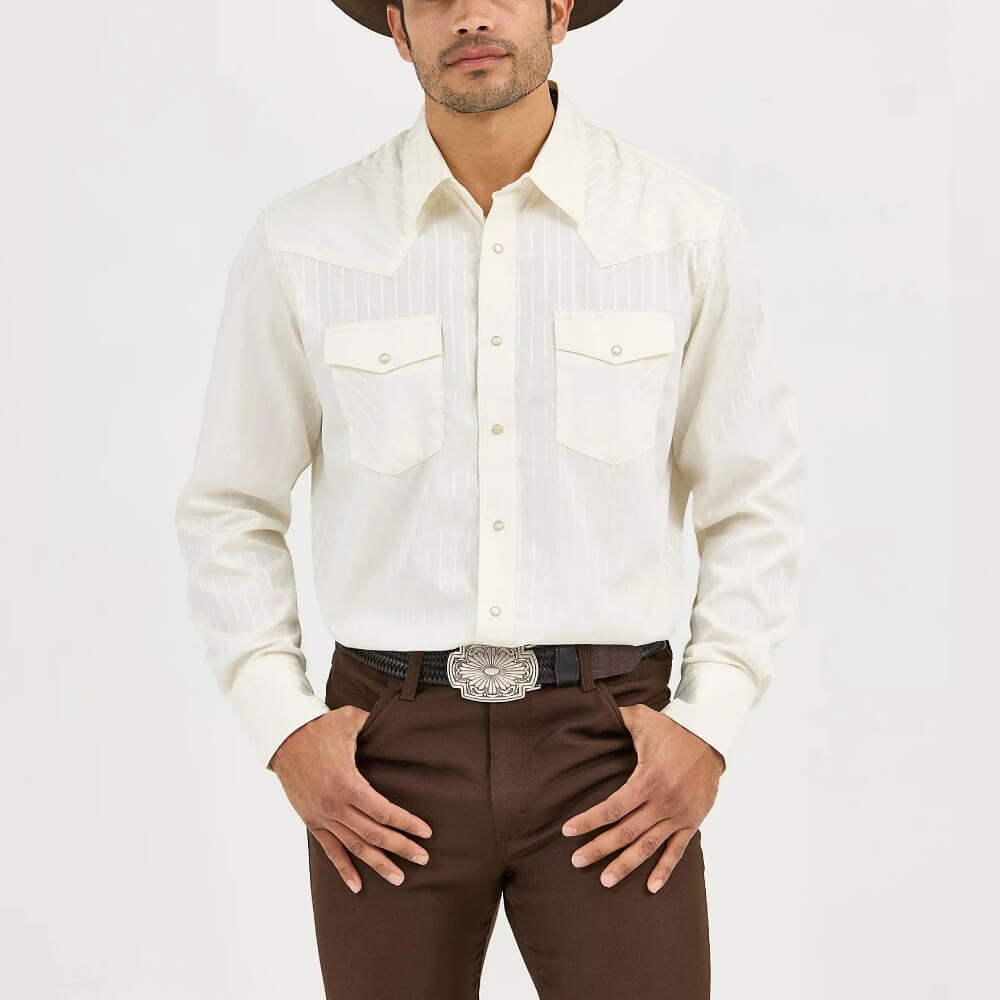 Wrangler Mens Sport Western Dobby Stripe Snap Shirt Tan Light - 75226TN