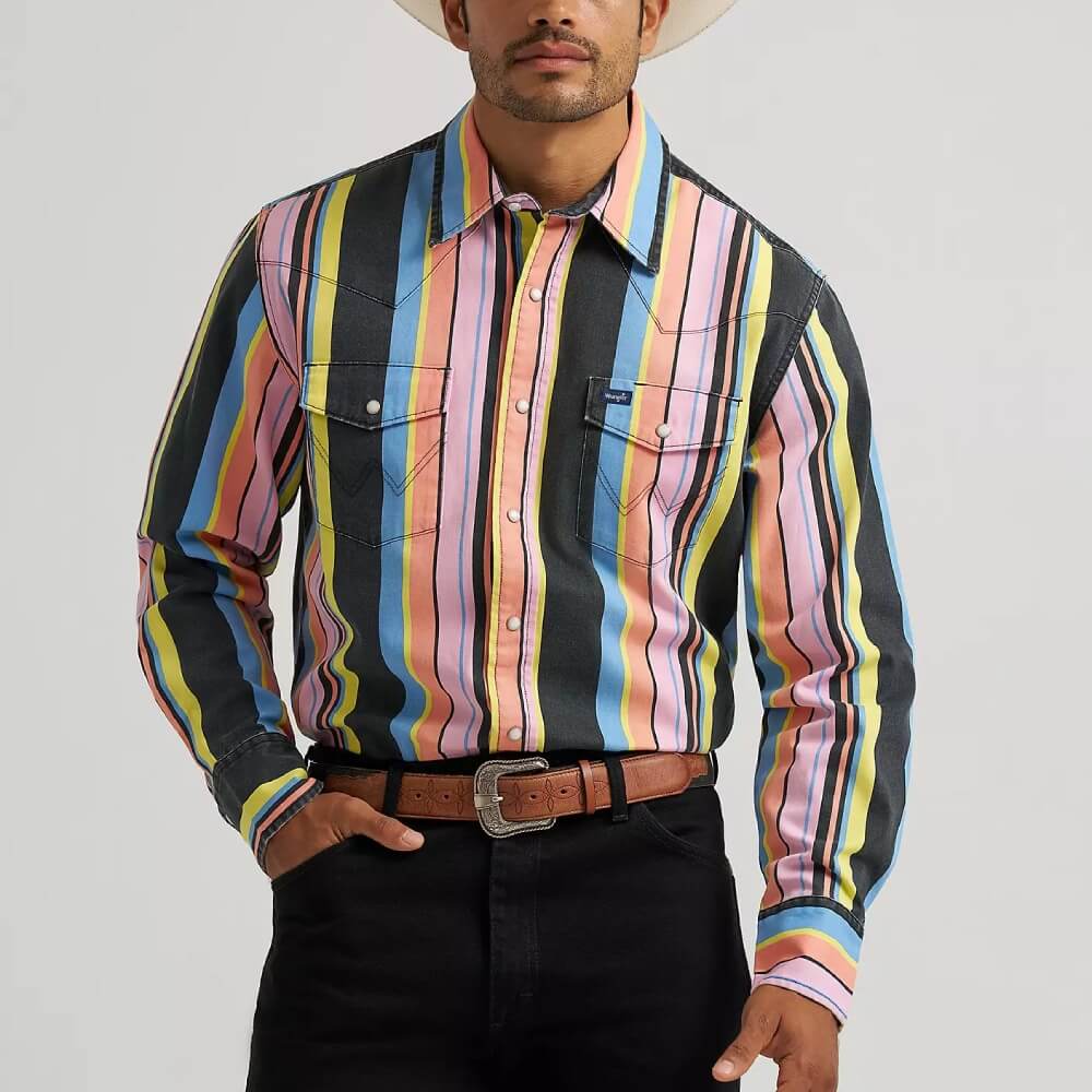 Wrangler Mens Vintage-Inspired Western Shirt Candy Stripe - 112374803
