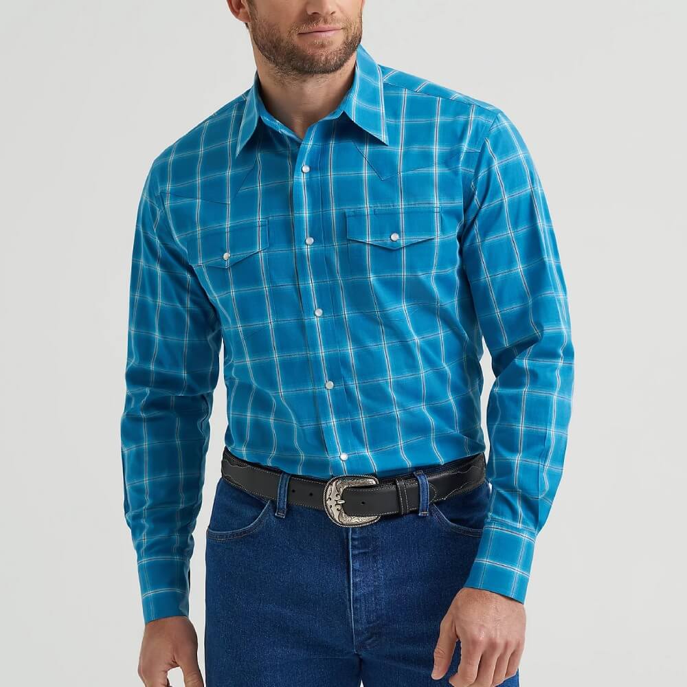 Wrangler Mens Western Plaid Shirt Rich Turquoise - 112369370
