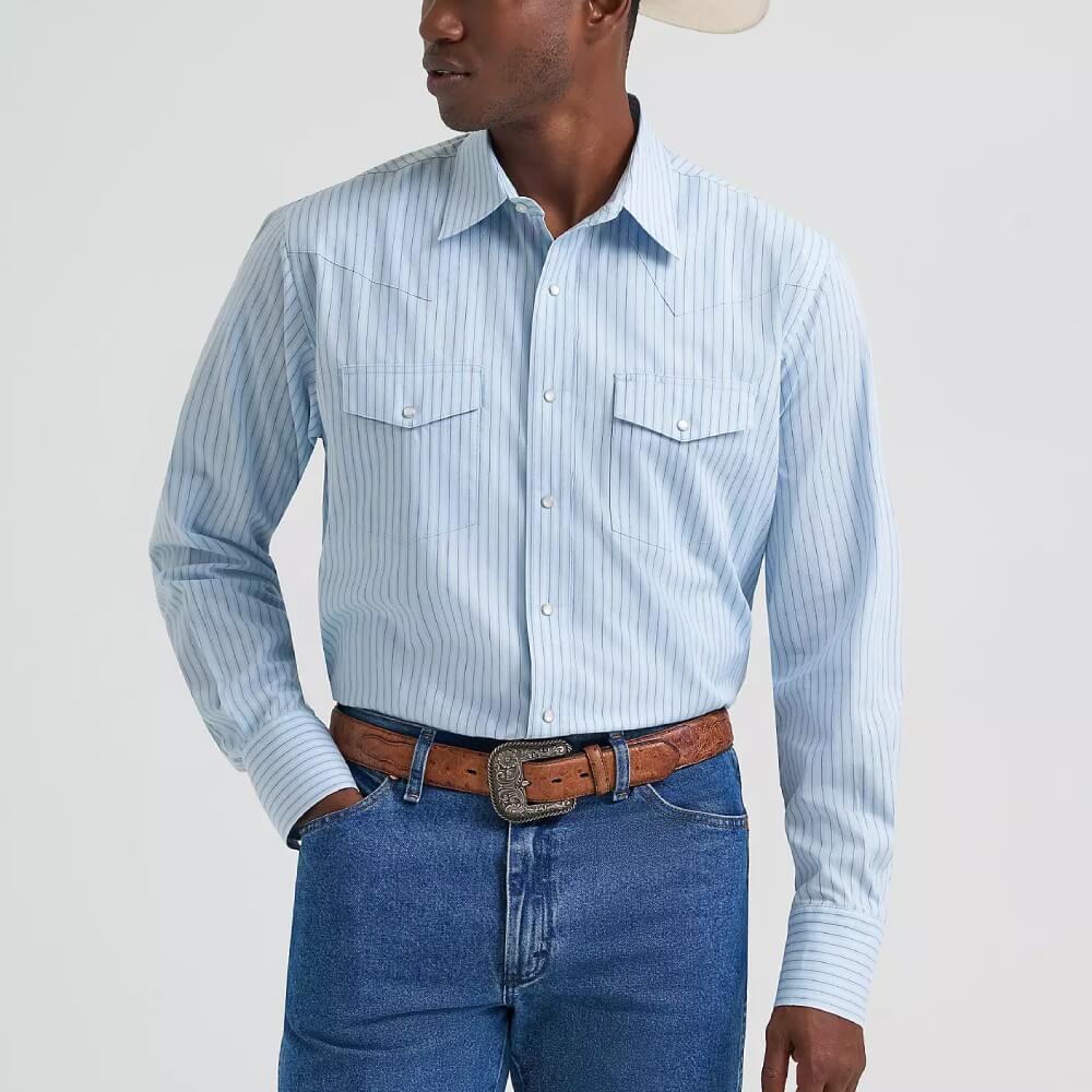 Wrangler Mens Western Snap Stripe Shirt Sky Blue - 112374876